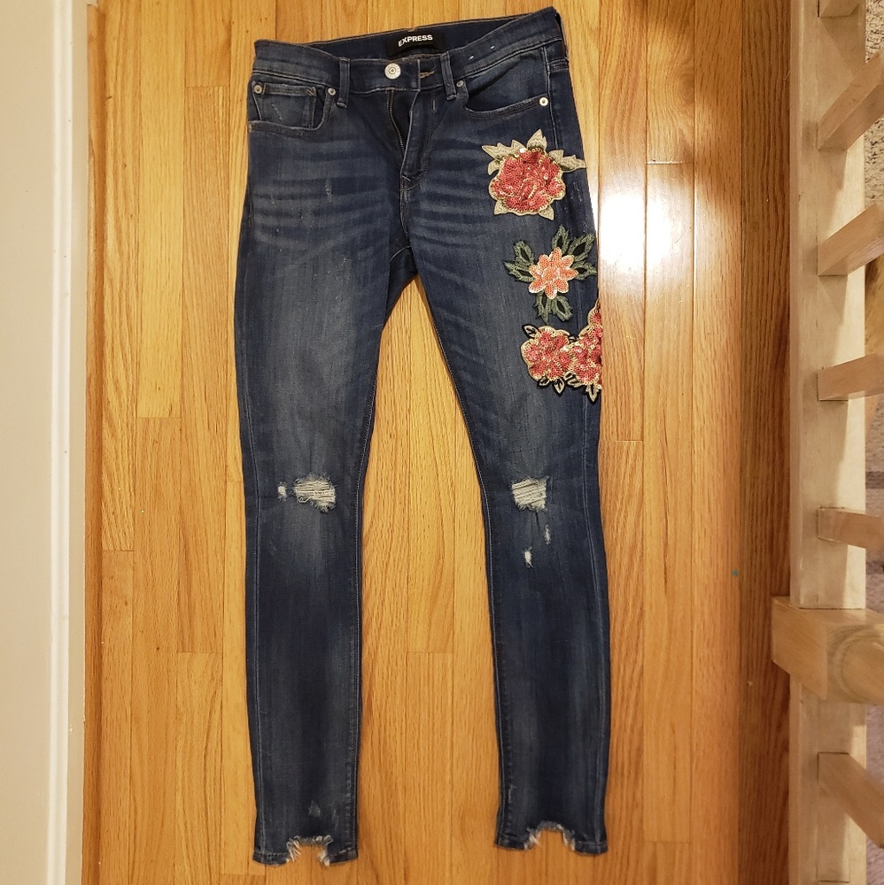 Express sequin embellished distressed skinny jeans